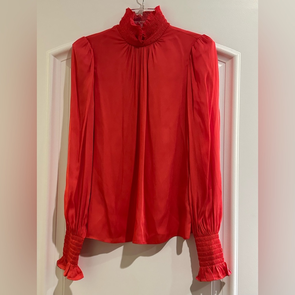 Trina Turk NWT Red Nisha Silk Blend Blouse with Ruffled Neckline Size XS